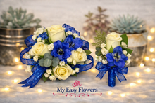 Load image into Gallery viewer, Wrist Corsage and boutonnière royal blue
