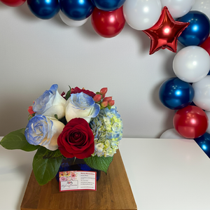 4th of July Centerpiece Designer Choice in Blue cube.- BEST SELLER