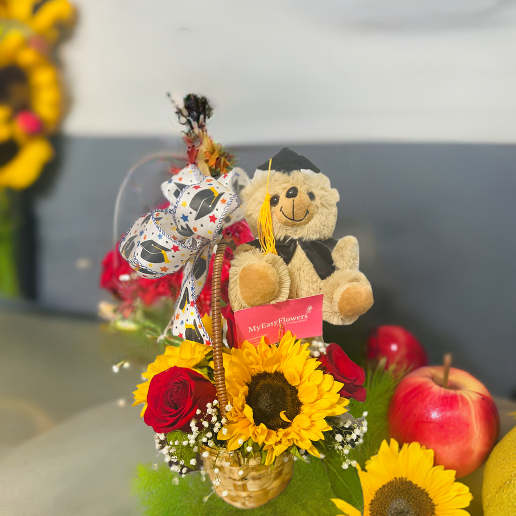 Graduation small floral basket with teddy 🧸