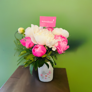 Peonies in floral pint mason jar.- Best Seller 🌸