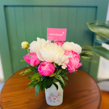 Load image into Gallery viewer, Peonies in floral pint mason jar.- Best Seller 🌸
