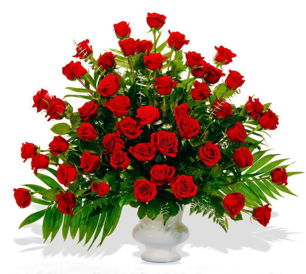 3 Dozen red roses in gray white pot cover