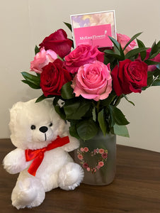 12 Valentine's Day mix roses in Heart Frosted Mason Jar