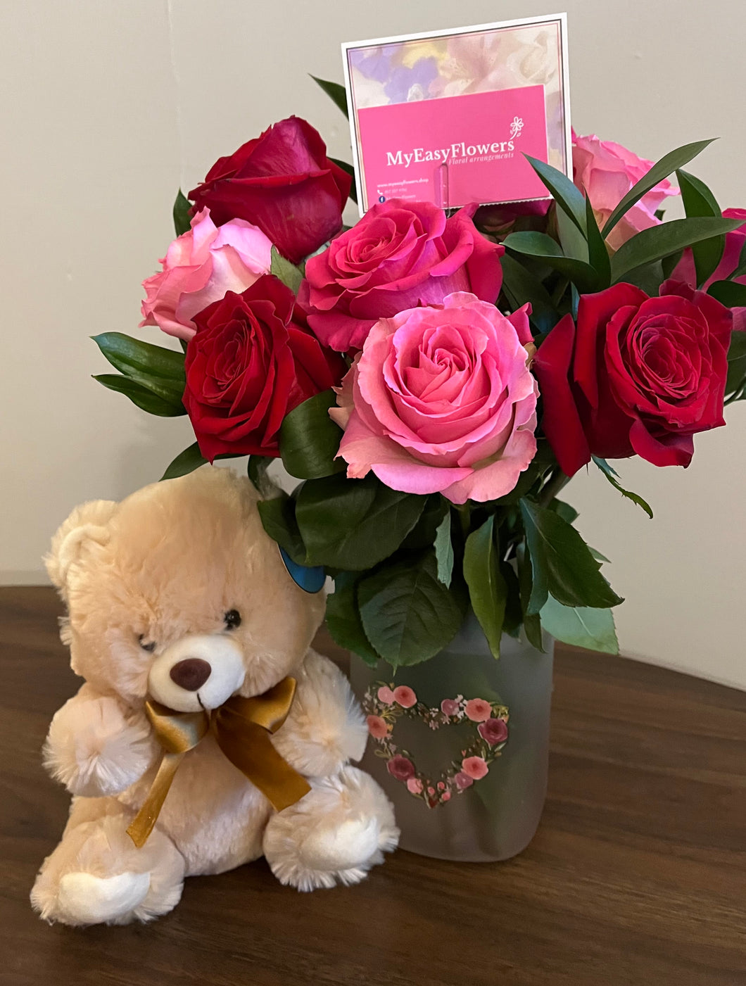 12 Valentine's Day mix roses in Heart Frosted Mason Jar